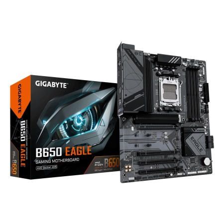 Mainboard GIGABYTE AMD B650 SAM5 ATX Memory DDR5 Memory slots 4 1xPCI-Express 16x 3xPCI-Express 3.0 16x 3xM.2 1xHDMI 1xDisplayPort 1xAudio-In 1xAudio-Out 1xMicrophone 6xUSB 2.0 2xUSB 3.2 1xUSB-C 1xPS/2 1xRJ45 B650EAGLE