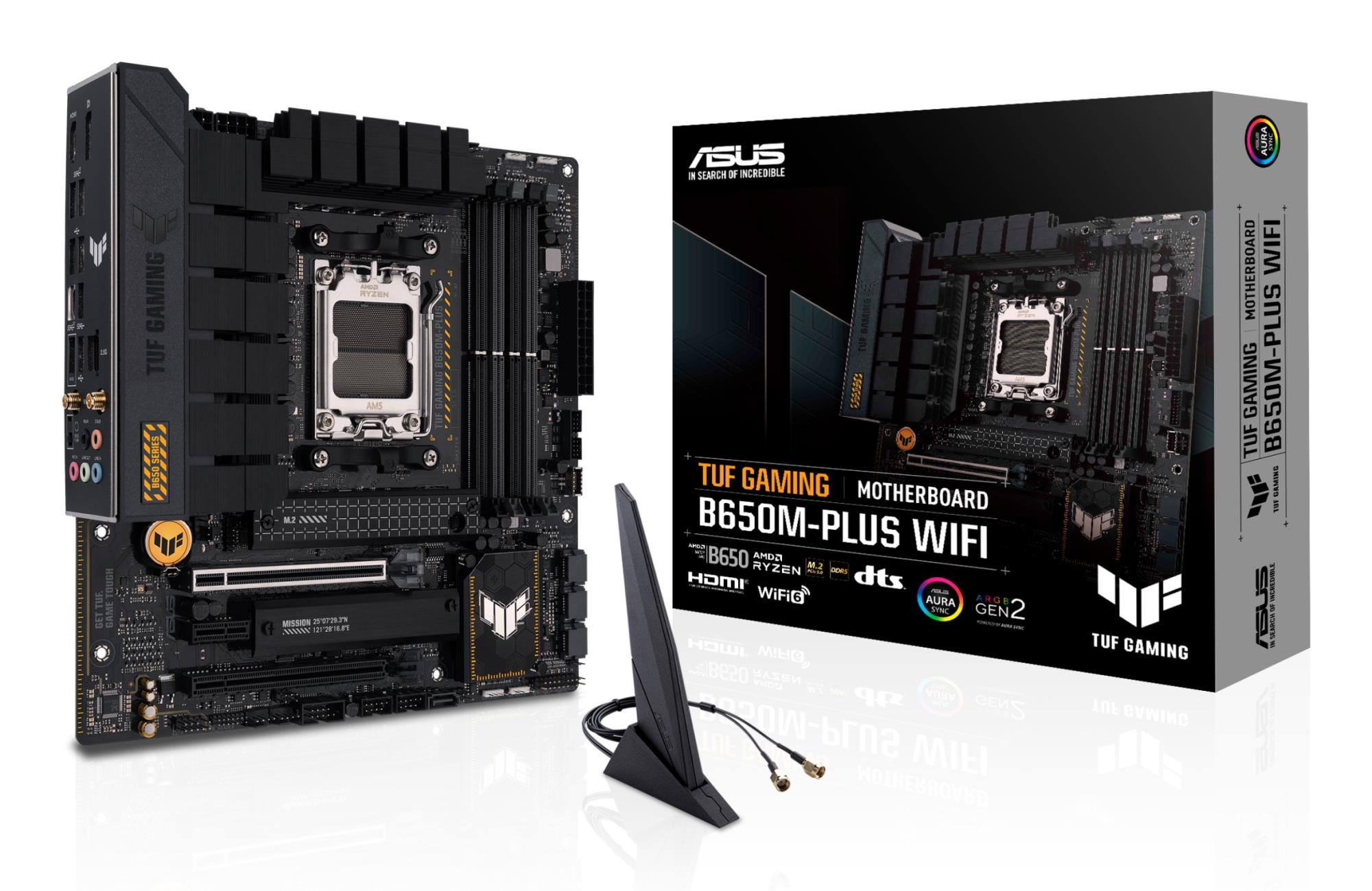 Mainboard ASUS AMD B650 SAM5 MicroATX Memory DDR5 Memory slots 4 1xPCI-Express 4.0 1x 1xPCI-Express 4.0 16x 2xM.2 1xHDMI 1xDisplayPort 4xUSB 2.0 3xUSB 3.2 1xUSB-C 1xRJ45 5xAudio port TUFGAMB650M-PLUSWIFI
