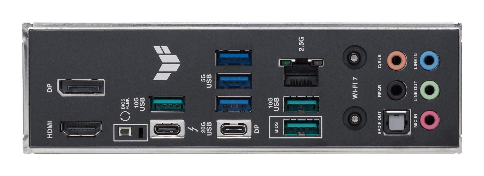 Mainboard ASUS Intel Z890 LGA1851 ATX Memory DDR5 Memory slots 4 2xPCI-Express 4.0 1x 1xPCI-Express 4.0 4x 1xPCI-Express 4.0 16x 1xPCI-Express 5.0 16x 4xM.2 1xHDMI 1xDisplayPort 3xUSB 3.0 3xUSB 3.1 1xUSB-C 1xUSB-C w/Thunderbolt 1xOptical S/PDIF 1xRJ45 5xAudio port TUFGAMINGZ890-PLUSWIFI - Image 5