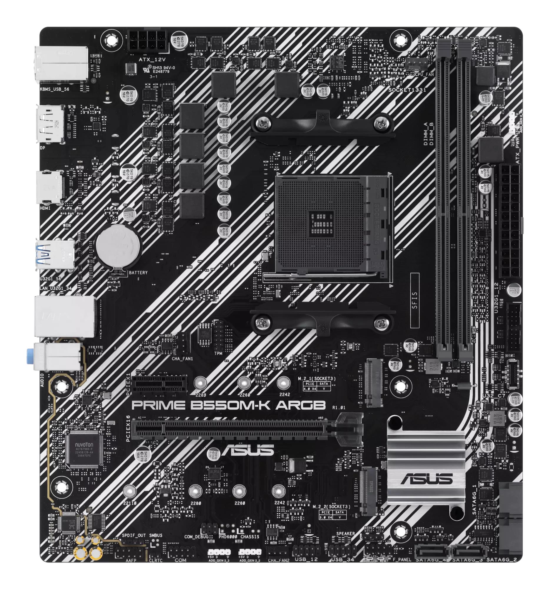 Mainboard ASUS AMD B550 SAM4 Micro-ATX Memory DDR4 Memory slots 2 1xPCI-Express 3.0 1x 1xPCI-Express 3.0 16x 1xPCI-Express 4.0 16x 1xM.2 1xHDMI 1xDisplayPort 1xAudio-In 1xAudio-Out 1xMicrophone 2xUSB 2.0 4xUSB 3.2 1xPS/2 1xRJ45 PRIMEB550M-KARGB - Image 6