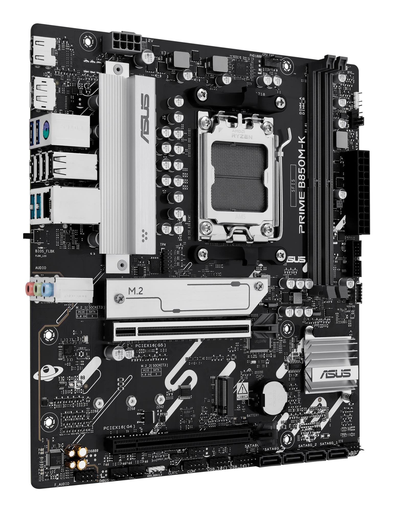 Mainboard ASUS AMD B850 SAM5 Micro-ATX Memory DDR5 Memory slots 2 1xPCI-Express 4.0 16x 1xPCI-Express 5.0 16x 2xM.2 1xHDMI 1xDisplayPort 4xUSB 2.0 4xUSB 3.2 1xPS/2 3xAudio port PRIMEB850M-K - Image 4