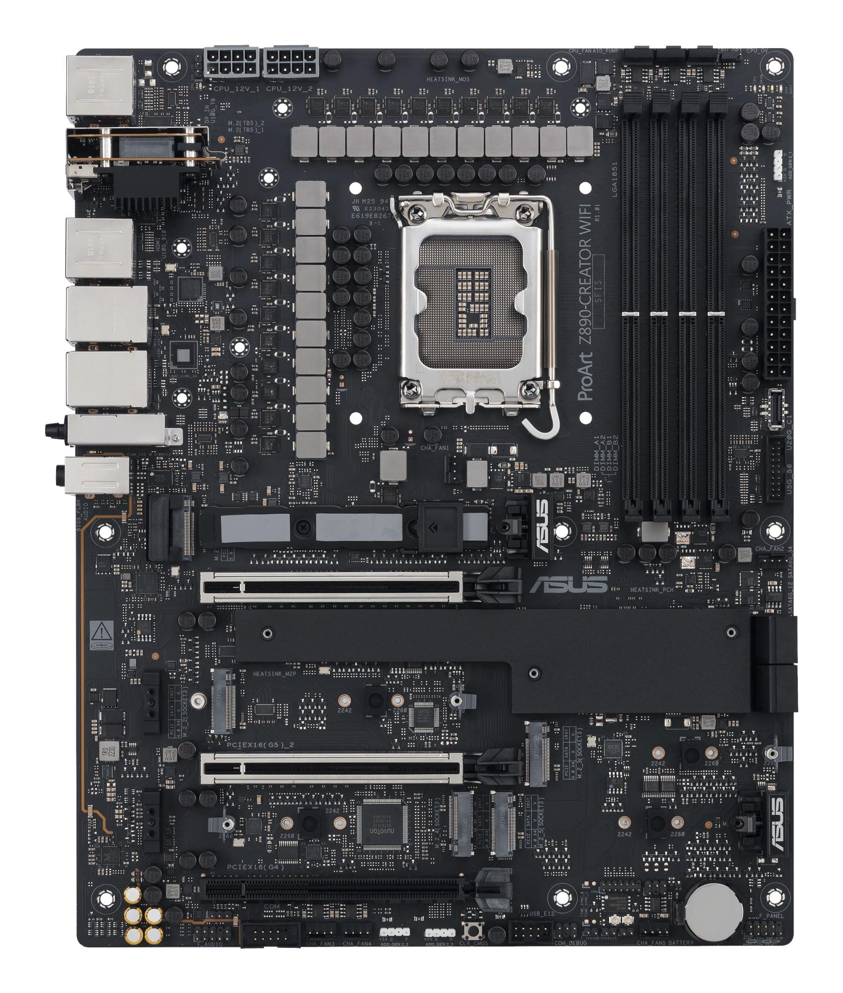 Mainboard ASUS Intel Z890 LGA1851 ATX Memory DDR5 Memory slots 4 1xPCI-Express 4.0 16x 2xPCI-Express 5.0 16x 5xM.2 1xHDMI 1xDisplayPort 1xAudio-In 1xAudio-Out 1xUSB 2.0 6xUSB 3.2 3xUSB-C w/Thunderbolt 1xRJ45 PROARTZ890-CREATORWIFI - Image 10