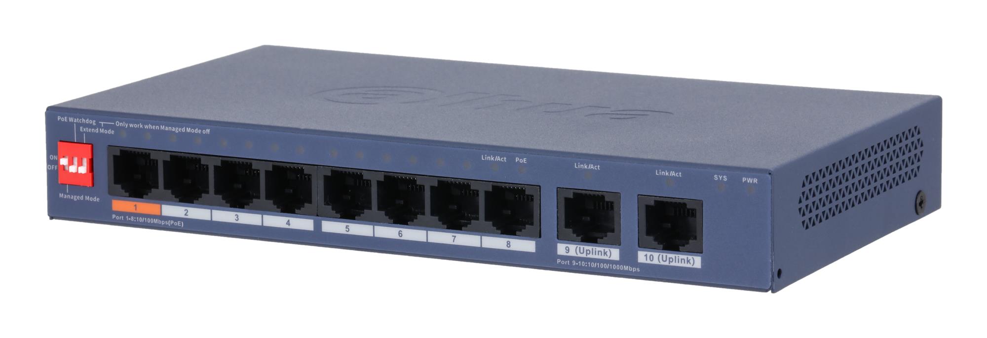 Switch DAHUA DH-CS4010-8ET2GT-60 Switch layer L2 8xRJ-45 ports RJ-45 Ports Type Fast Ethernet (10/100) 2xGigabit Ethernet (copper) ports quantity 8xPower over Ethernet (PoE) ports quantity Total Power over Ethernet (PoE) budget 60 W CS4010-8ET2GT-60 - Image 5