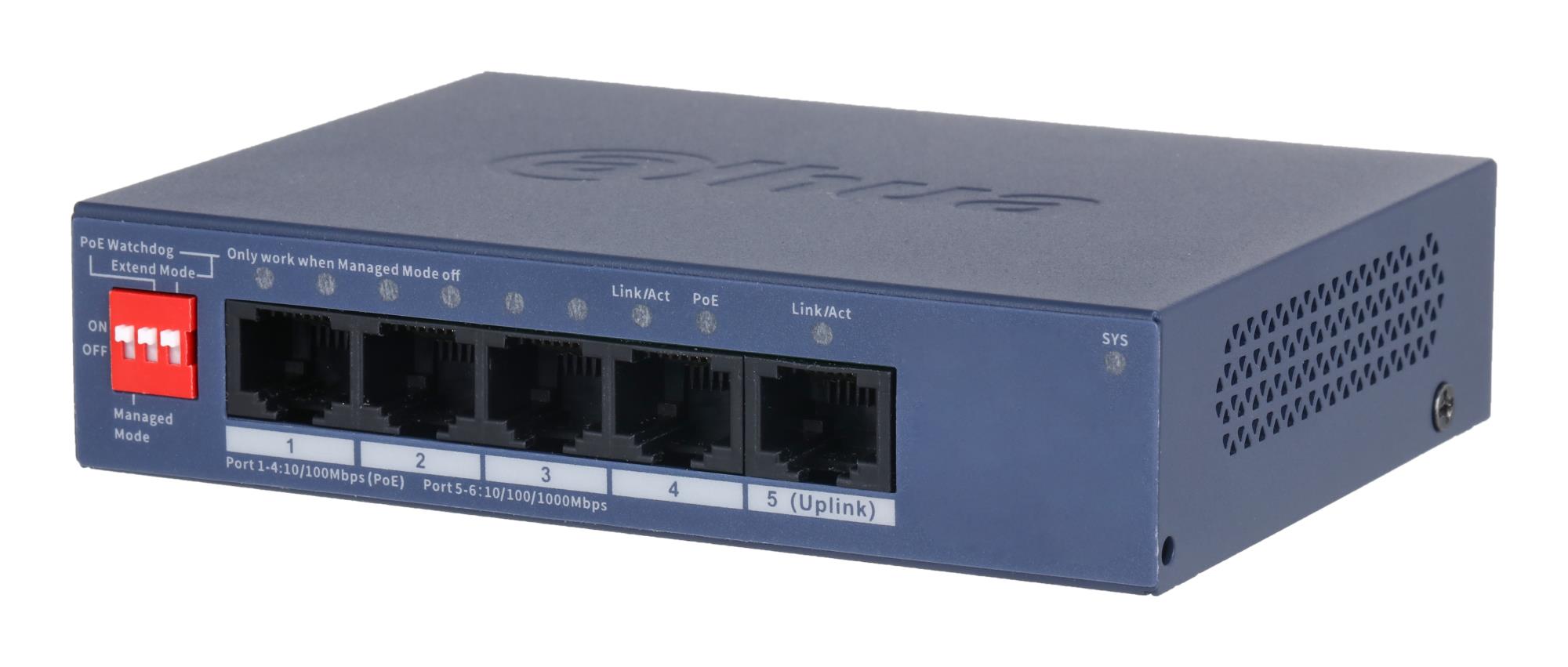 Switch DAHUA DH-CS4005-4ET1GT-36 Switch layer L2 4xRJ-45 ports RJ-45 Ports Type Fast Ethernet (10/100) 1xGigabit Ethernet (copper) ports quantity 4xPower over Ethernet (PoE) ports quantity Total Power over Ethernet (PoE) budget 36 W CS4005-4ET1GT-36 - Image 3