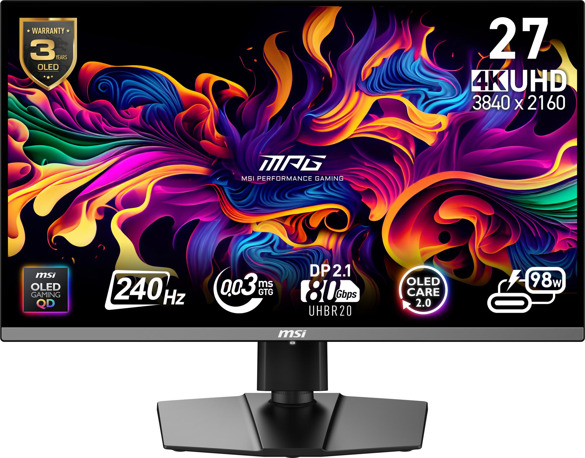 Monitor MSI MPG 272URX QD-OLED 27" Gaming/4K Matte Panel QD-OLED 3840x2160 16:9 240 ?? 0.03 ms Swivel Pivot Height adjustable Tilt Colour Black MPG272URXQD-OLED - Image 2