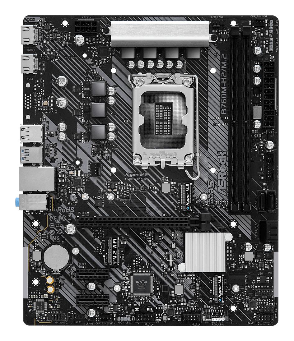 Mainboard ASROCK Intel B760 Express LGA1700 Micro-ATX Memory DDR5 Memory slots 2 2xPCI-Express 3.0 1x 1xPCI-Express 4.0 16x 3xM.2 2xHDMI 2xUSB 2.0 4xUSB 3.2 1xRJ45 3xAudio port B760M-H2/M.2 - Image 7