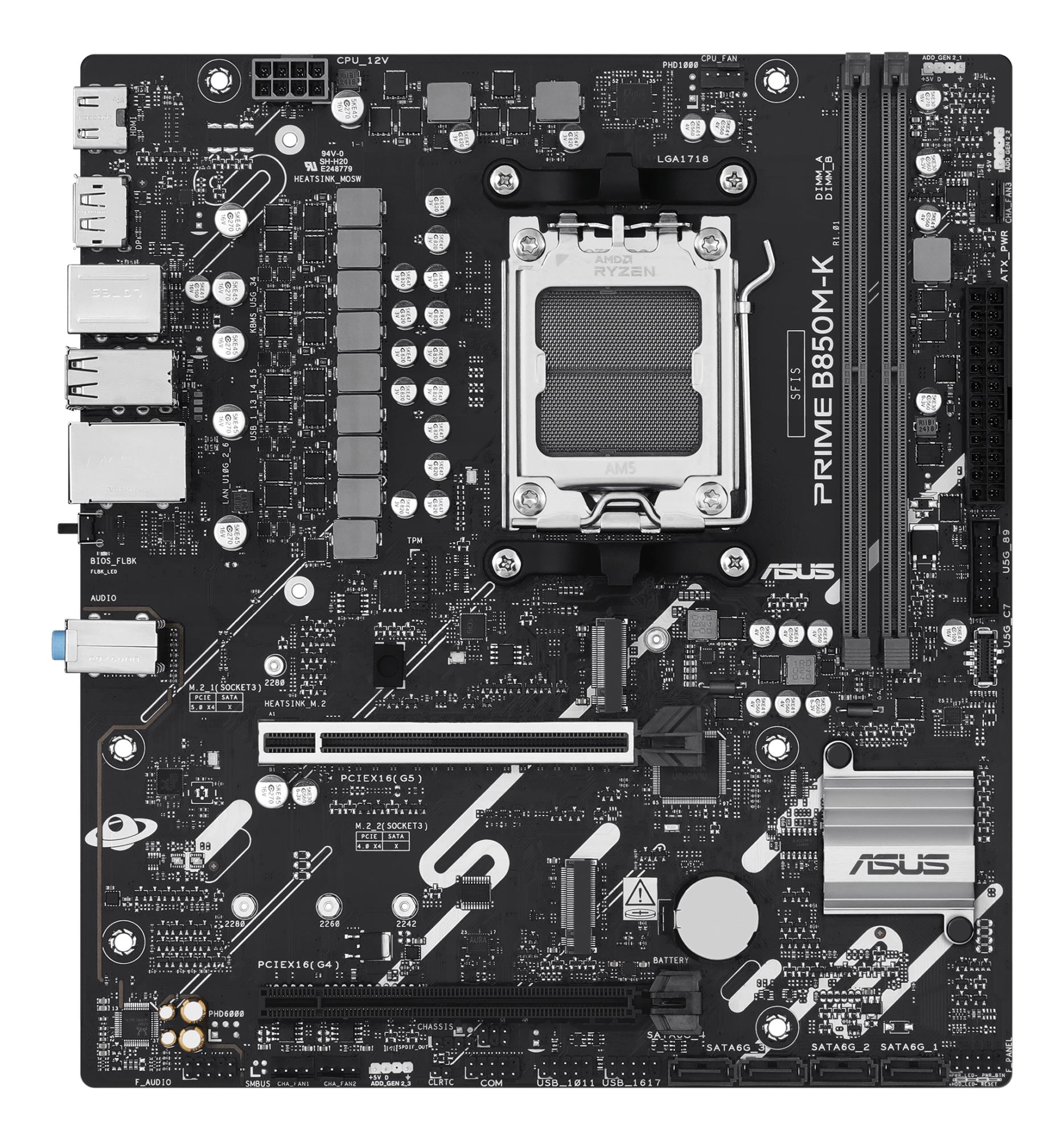Mainboard ASUS AMD B850 SAM5 Micro-ATX Memory DDR5 Memory slots 2 1xPCI-Express 4.0 16x 1xPCI-Express 5.0 16x 2xM.2 1xHDMI 1xDisplayPort 4xUSB 2.0 4xUSB 3.2 1xPS/2 3xAudio port PRIMEB850M-K - Image 2