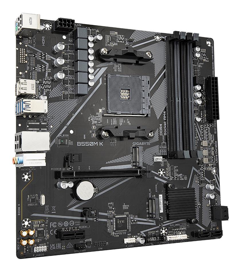 Mainboard GIGABYTE AMD B550 SAM4 Micro-ATX Memory DDR4 Memory slots 4 1xPCI-Express 3.0 1x 1xPCI-Express 4.0 16x 2xM.2 1xHDMI 1xDisplayPort 2xAudio-In 1xAudio-Out 4xUSB 2.0 4xUSB 3.2 1xPS/2 1xRJ45 B550MK - Image 3