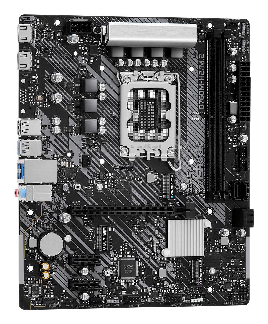 Mainboard ASROCK Intel B760 Express LGA1700 Micro-ATX Memory DDR5 Memory slots 2 2xPCI-Express 3.0 1x 1xPCI-Express 4.0 16x 3xM.2 2xHDMI 2xUSB 2.0 4xUSB 3.2 1xRJ45 3xAudio port B760M-H2/M.2 - Image 9