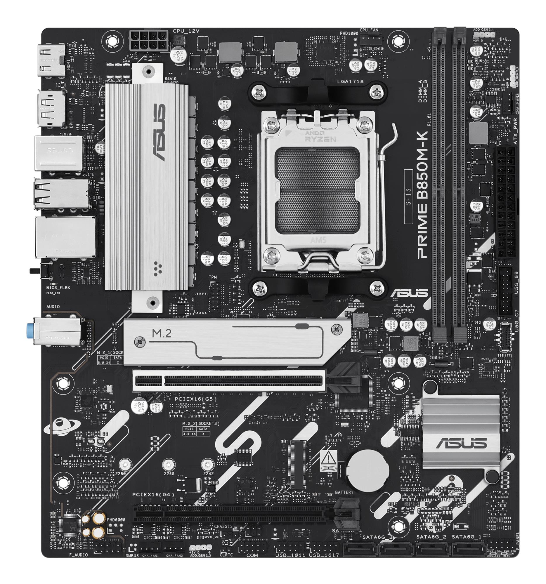 Mainboard ASUS AMD B850 SAM5 Micro-ATX Memory DDR5 Memory slots 2 1xPCI-Express 4.0 16x 1xPCI-Express 5.0 16x 2xM.2 1xHDMI 1xDisplayPort 4xUSB 2.0 4xUSB 3.2 1xPS/2 3xAudio port PRIMEB850M-K - Image 3