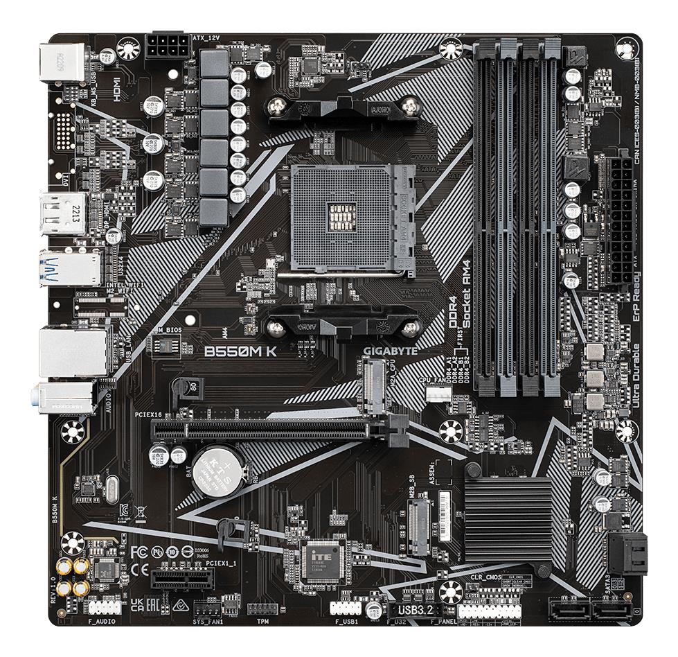 Mainboard GIGABYTE AMD B550 SAM4 Micro-ATX Memory DDR4 Memory slots 4 1xPCI-Express 3.0 1x 1xPCI-Express 4.0 16x 2xM.2 1xHDMI 1xDisplayPort 2xAudio-In 1xAudio-Out 4xUSB 2.0 4xUSB 3.2 1xPS/2 1xRJ45 B550MK - Image 2