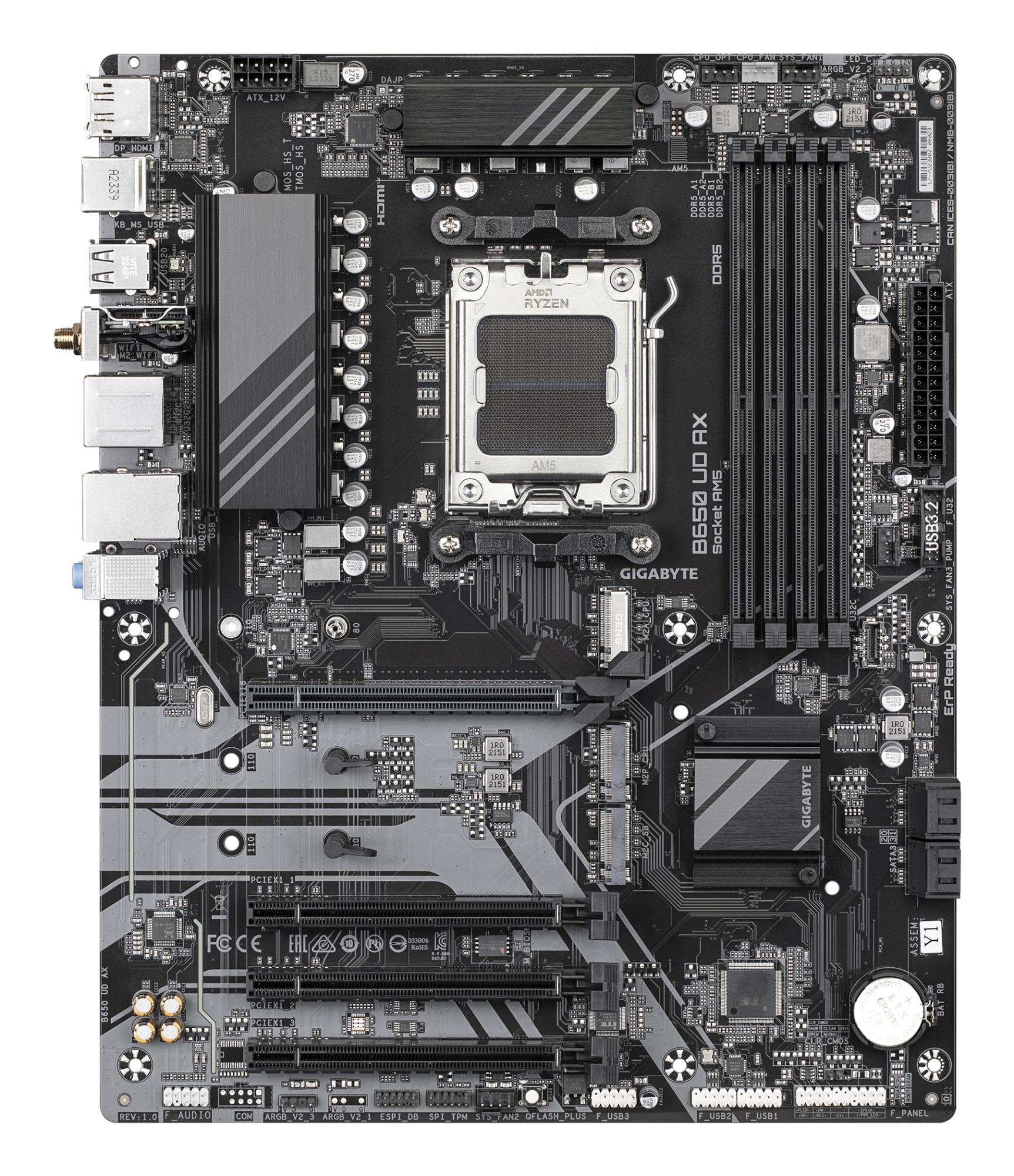 Mainboard GIGABYTE AMD B650 SAM5 ATX Memory DDR5 Memory slots 4 1xPCI-Express 16x 3xPCI-Express 3.0 16x 3xM.2 1xHDMI 1xDisplayPort 6xUSB 2.0 2xUSB 3.2 1xUSB-C 1xRJ45 3xAudio port B650UDAX1.0Y1 - Image 2