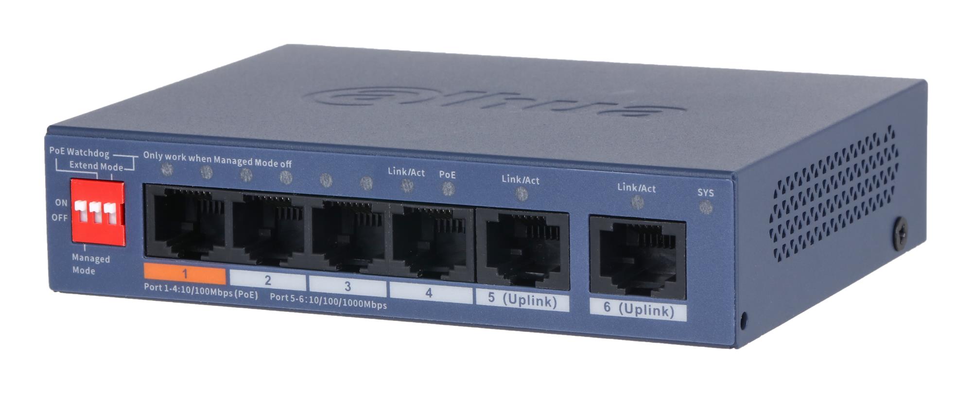 Switch DAHUA DH-CS4006-4ET2GT-60 Switch layer L2 2xRJ-45 ports RJ-45 Ports Type Fast Ethernet (10/100) 4xGigabit Ethernet (copper) ports quantity Power over Ethernet (PoE) Yes 4xPower over Ethernet (PoE) ports quantity Total Power over Ethernet (PoE) budget 60 W CS4006-4ET2GT-60 - Image 2