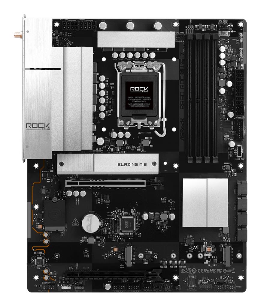Mainboard ASROCK B860 Rock WiFi 7 Intel B860 LGA 1851 (Socket V1) ATX RAM DDR5-SDRAM 4xSlots Wi-Fi Yes Bluetooth Yes 3xNumber of M.2 (M) slots B860ROCKWIFI7