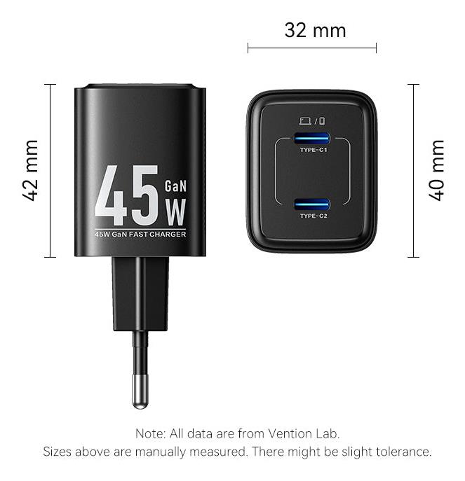 MOBILE CHARGER WALL 45W USB-C/2P BLACK FEFB0-EU VENTION - Image 13