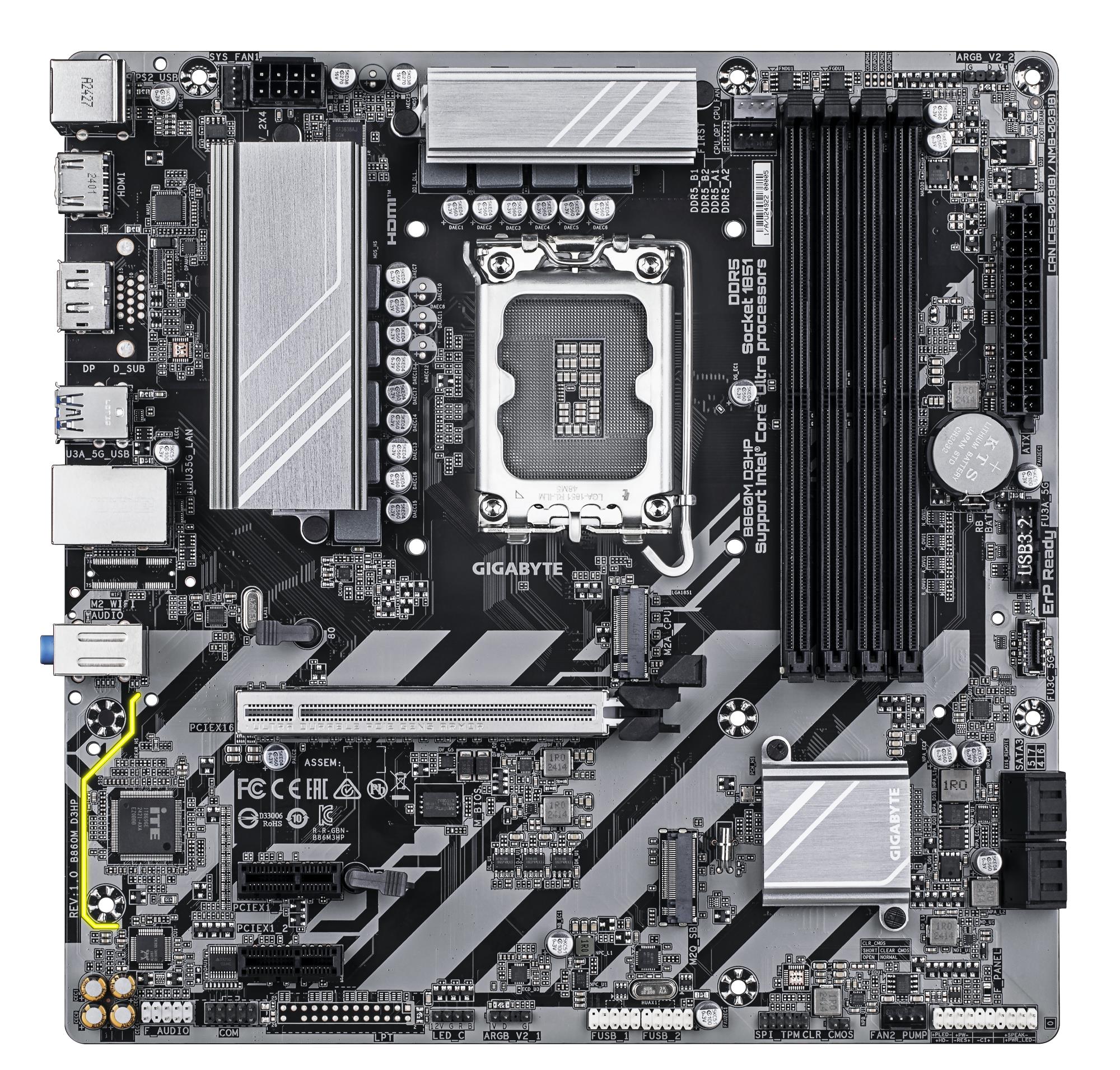 Mainboard GIGABYTE Intel B860 Express LGA1851 Micro-ATX Memory DDR5 Memory slots 4 2xPCI-Express 1x 1xPCI-Express 16x 2xM.2 1xHDMI 1xDisplayPort 1xAudio-In 1xAudio-Out 1xMicrophone 3xUSB 2.0 3xUSB 3.2 1xPS/2 1xRJ45 B860MD3HP1.0 - Image 2