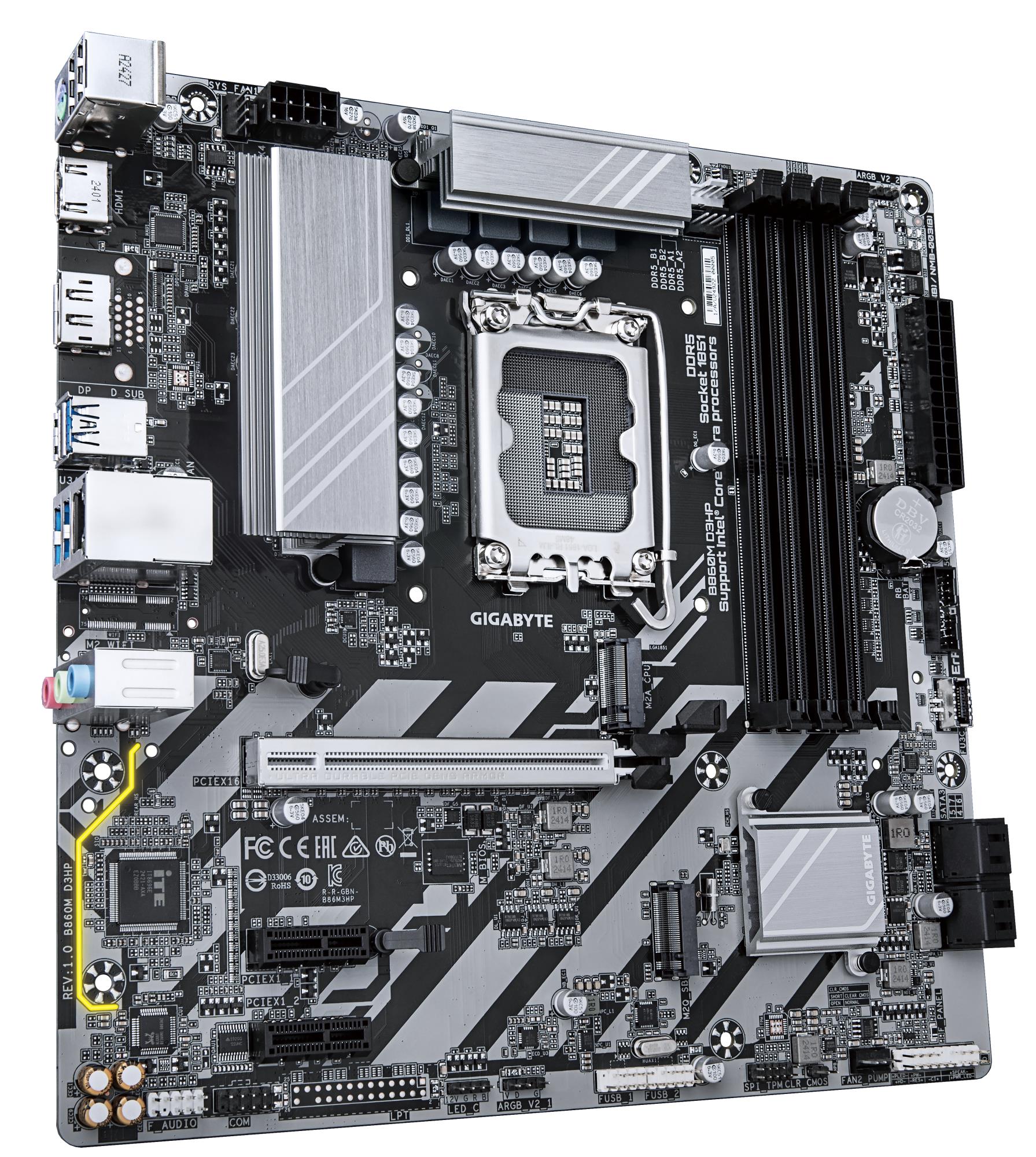 Mainboard GIGABYTE Intel B860 Express LGA1851 Micro-ATX Memory DDR5 Memory slots 4 2xPCI-Express 1x 1xPCI-Express 16x 2xM.2 1xHDMI 1xDisplayPort 1xAudio-In 1xAudio-Out 1xMicrophone 3xUSB 2.0 3xUSB 3.2 1xPS/2 1xRJ45 B860MD3HP1.0 - Image 3