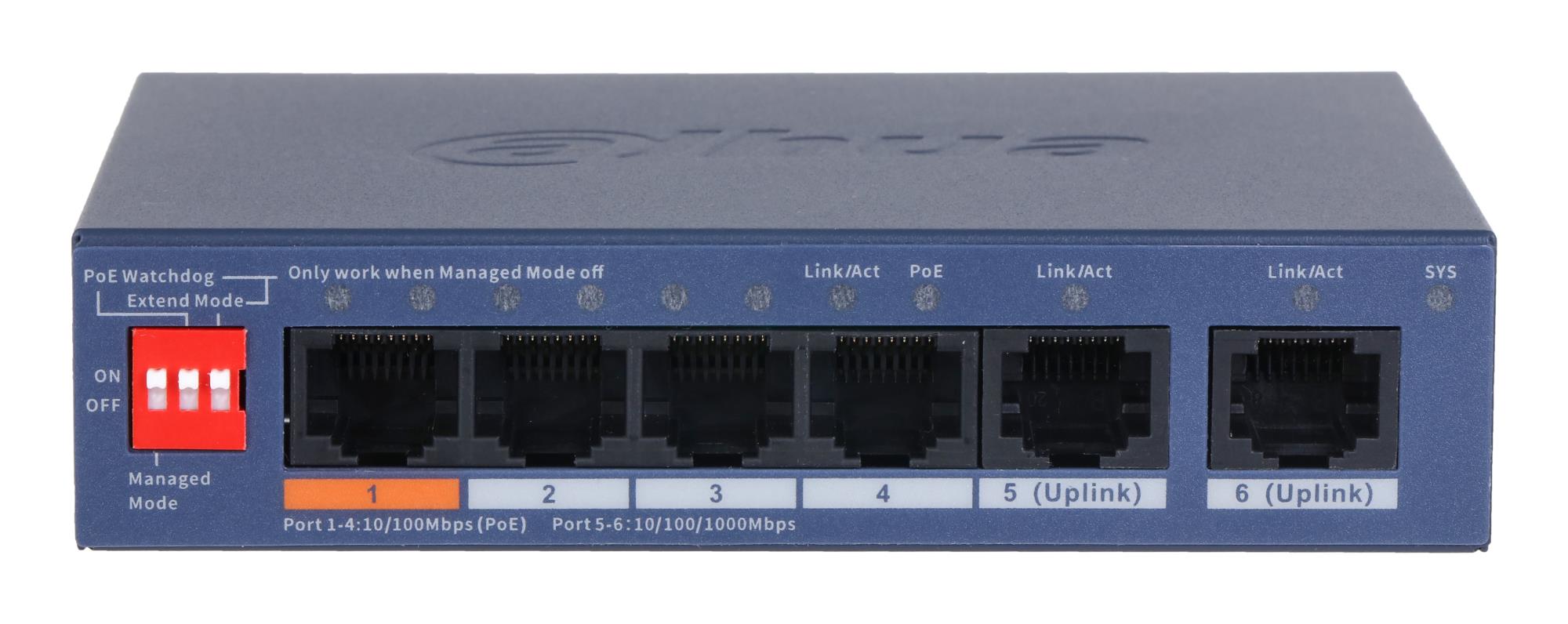 Switch DAHUA DH-CS4006-4ET2GT-60 Switch layer L2 2xRJ-45 ports RJ-45 Ports Type Fast Ethernet (10/100) 4xGigabit Ethernet (copper) ports quantity Power over Ethernet (PoE) Yes 4xPower over Ethernet (PoE) ports quantity Total Power over Ethernet (PoE) budget 60 W CS4006-4ET2GT-60 - Image 4