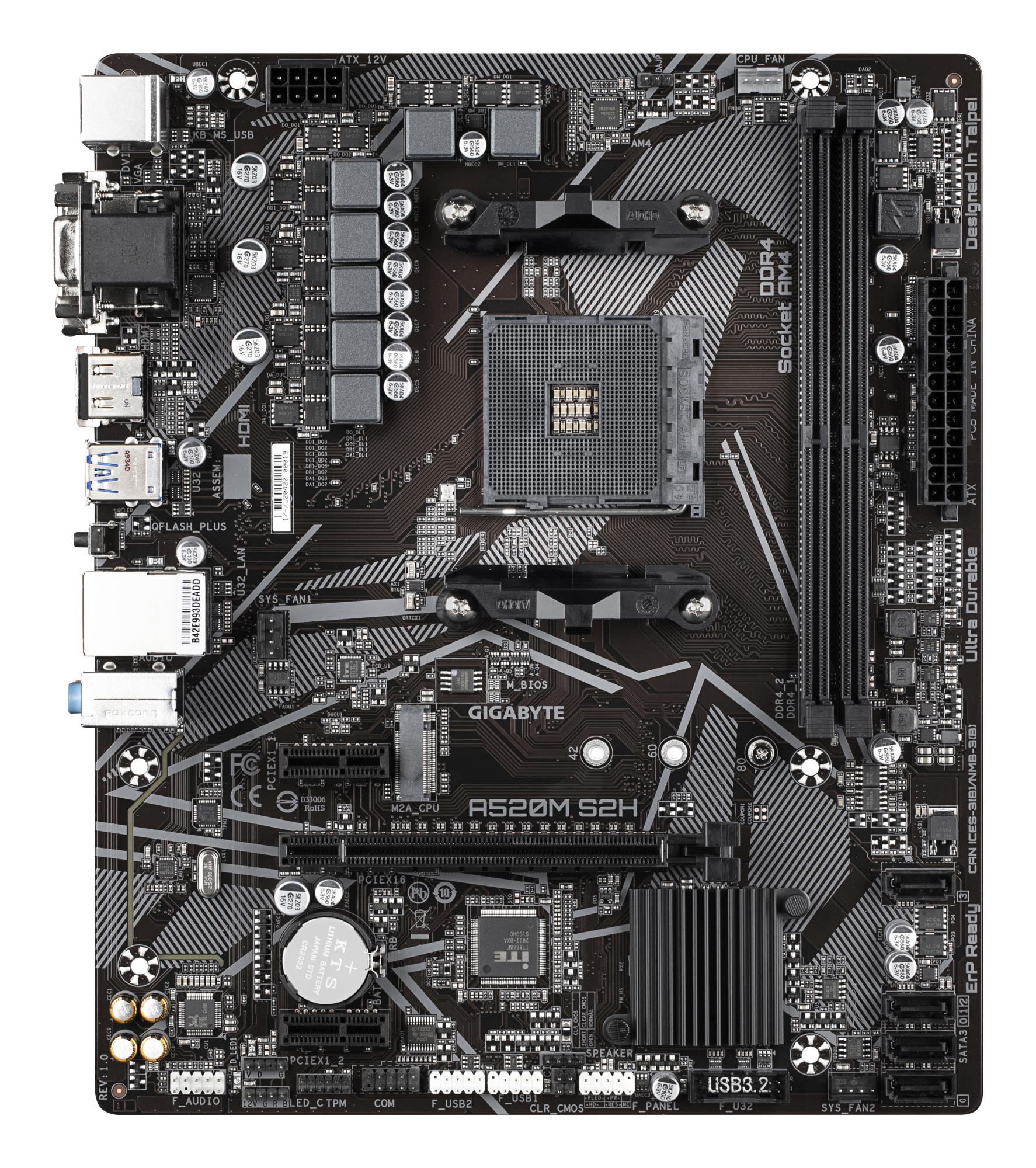 Mainboard GIGABYTE AMD A520 SAM4 Micro-ATX Memory DDR4 Memory slots 2 2xPCI-Express 3.0 1x 1xPCI-Express 3.0 16x 1xM.2 1x15pin D-sub 1xDVI-D 1xHDMI 2xAV-In 1xAV-out 2xUSB 2.0 4xUSB 3.2 1xPS/2 1xRJ45 A520MS2H1.3 - Image 4