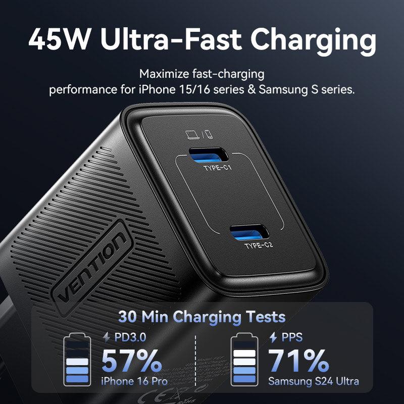 MOBILE CHARGER WALL 45W USB-C/2P BLACK FEFB0-EU VENTION - Image 6
