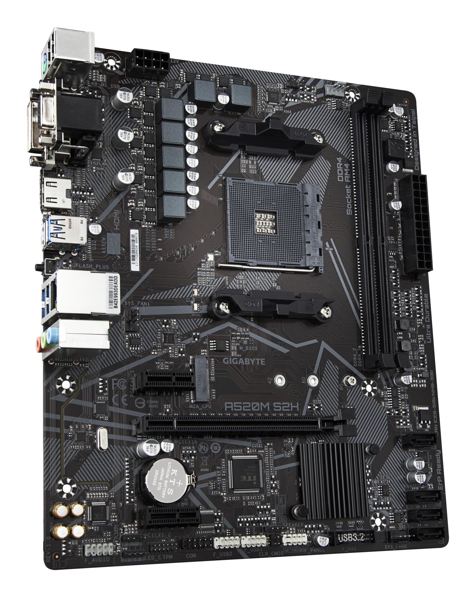 Mainboard GIGABYTE AMD A520 SAM4 Micro-ATX Memory DDR4 Memory slots 2 2xPCI-Express 3.0 1x 1xPCI-Express 3.0 16x 1xM.2 1x15pin D-sub 1xDVI-D 1xHDMI 2xAV-In 1xAV-out 2xUSB 2.0 4xUSB 3.2 1xPS/2 1xRJ45 A520MS2H1.3 - Image 5