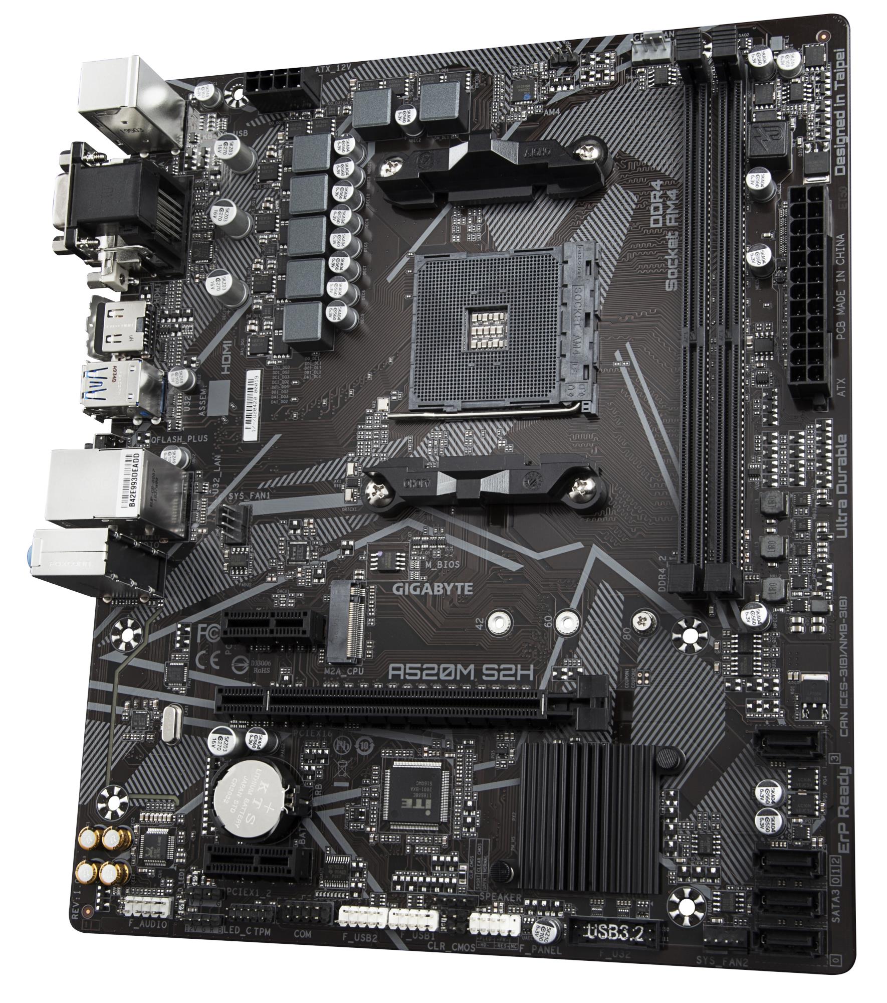 Mainboard GIGABYTE AMD A520 SAM4 Micro-ATX Memory DDR4 Memory slots 2 2xPCI-Express 3.0 1x 1xPCI-Express 3.0 16x 1xM.2 1x15pin D-sub 1xDVI-D 1xHDMI 2xAV-In 1xAV-out 2xUSB 2.0 4xUSB 3.2 1xPS/2 1xRJ45 A520MS2H1.3 - Image 6