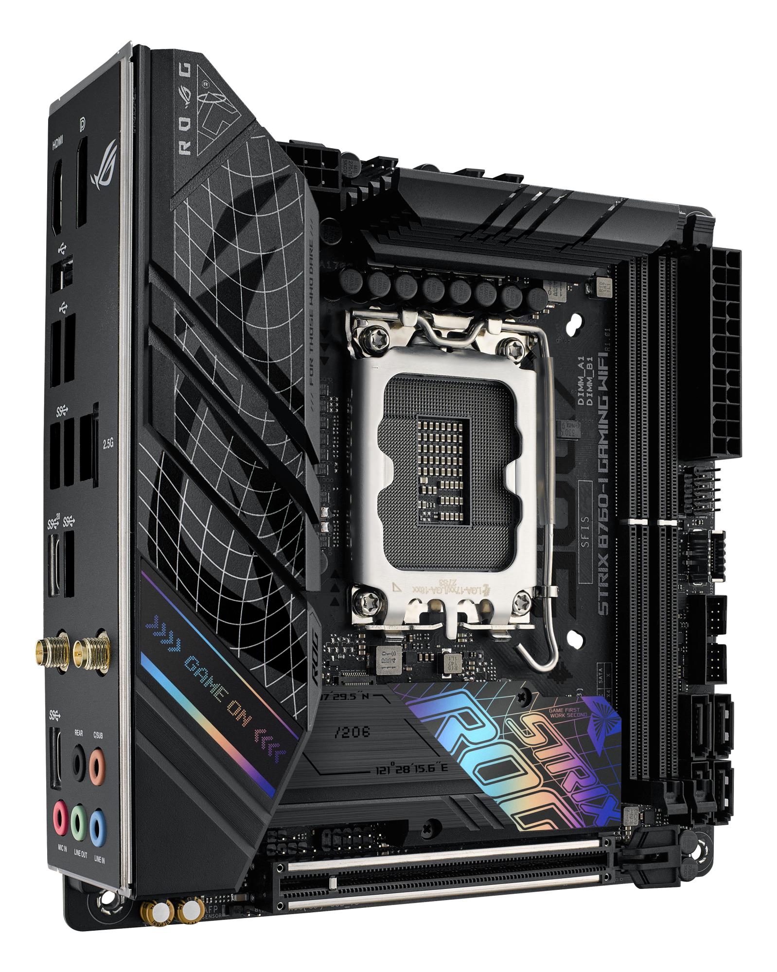 Mainboard ASUS Intel B760 Express LGA1700 Mini-ITX Memory DDR5 Memory slots 2 1xPCI-Express 5.0 16x 2xM.2 1xHDMI 1xDisplayPort 3xUSB 2.0 3xUSB 3.2 2xUSB-C 1xRJ45 5xAudio port STRIXB760-IGAMINGWIFI - Image 6