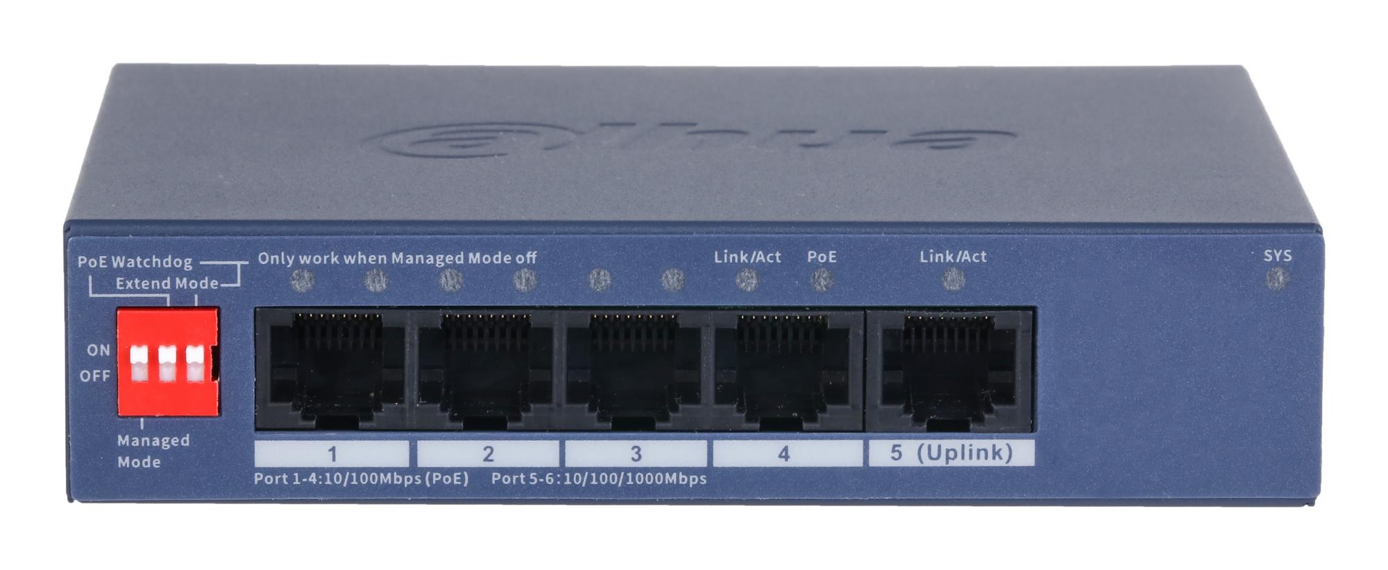 Switch DAHUA DH-CS4005-4ET1GT-36 Switch layer L2 4xRJ-45 ports RJ-45 Ports Type Fast Ethernet (10/100) 1xGigabit Ethernet (copper) ports quantity 4xPower over Ethernet (PoE) ports quantity Total Power over Ethernet (PoE) budget 36 W CS4005-4ET1GT-36 - Image 5