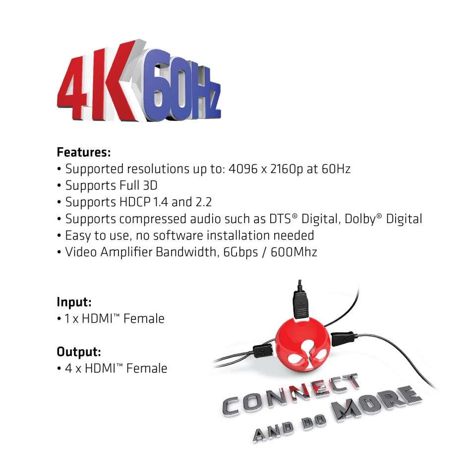 VIDEO SPLITTER HDMI 4PORT/4K60HZ 2.0 UHD CSV-1380 CLUB3D - Image 7