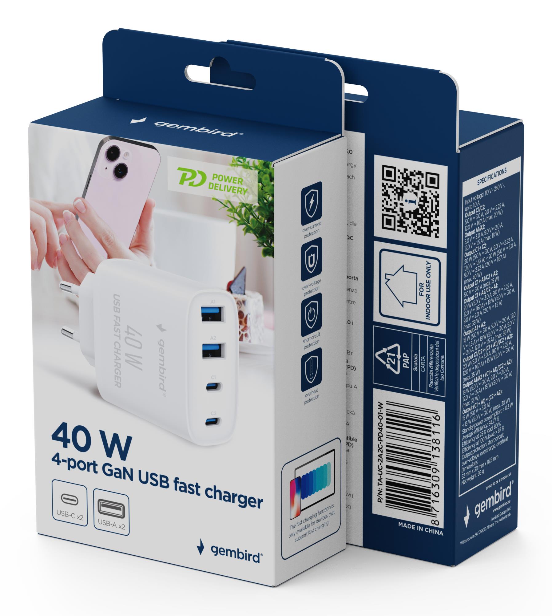 CHARGER USB UNIVERSAL 4P 40W/TA-UC-2A2C-PD40-01-W GEMBIRD - Image 5