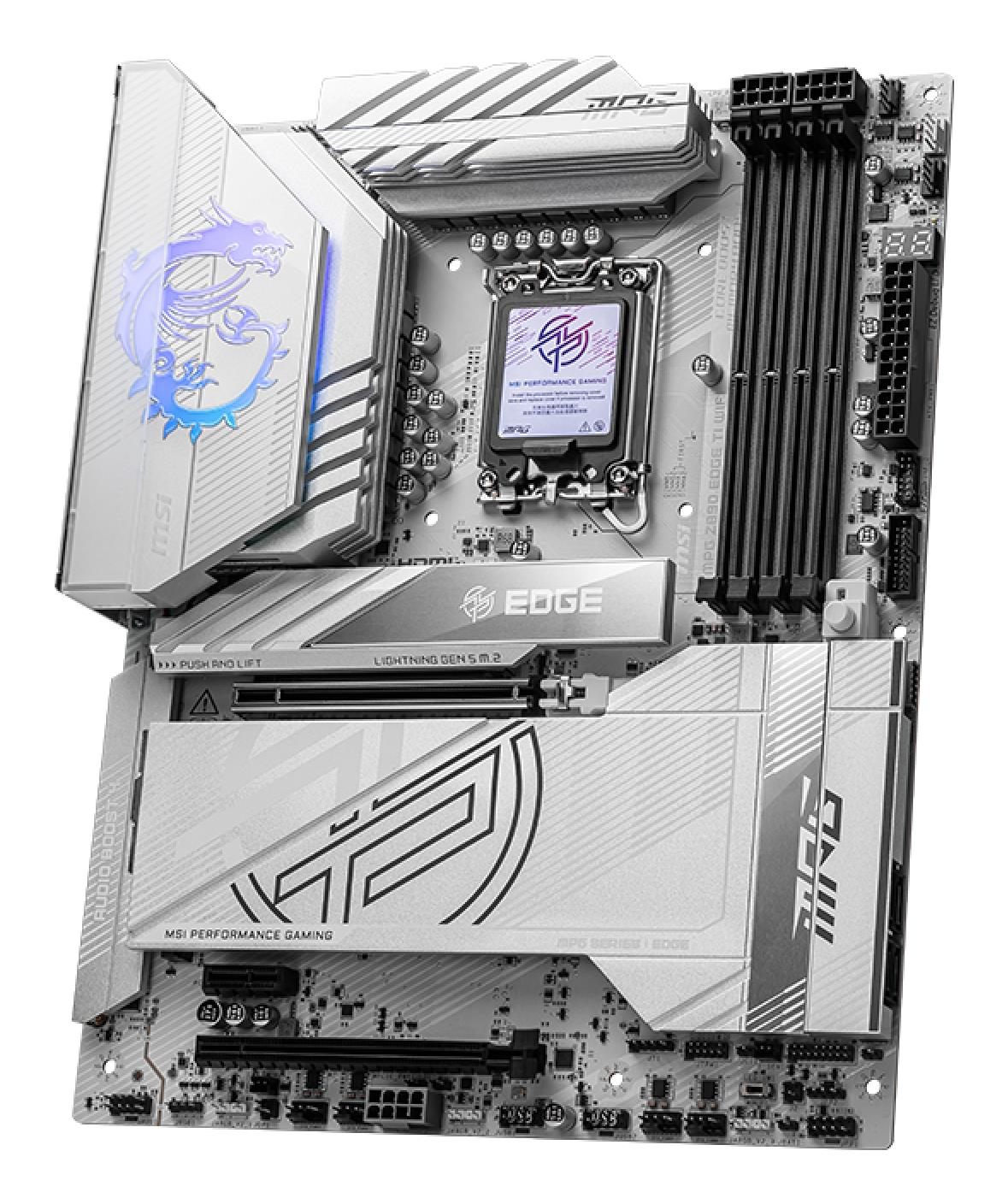 Mainboard MSI Intel Z890 LGA1851 ATX Memory DDR5 Memory slots 4 1xPCI-Express 1x 2xPCI-Express 16x 5xM.2 1xHDMI 1xAudio-In 1xAudio-Out 1xUSB 2.0 4xUSB 3.0 4xUSB 3.1 1xUSB-C 1xOptical S/PDIF 1xRJ45 2xThunderbolt MPGZ890EDGETIWIFI - Image 3
