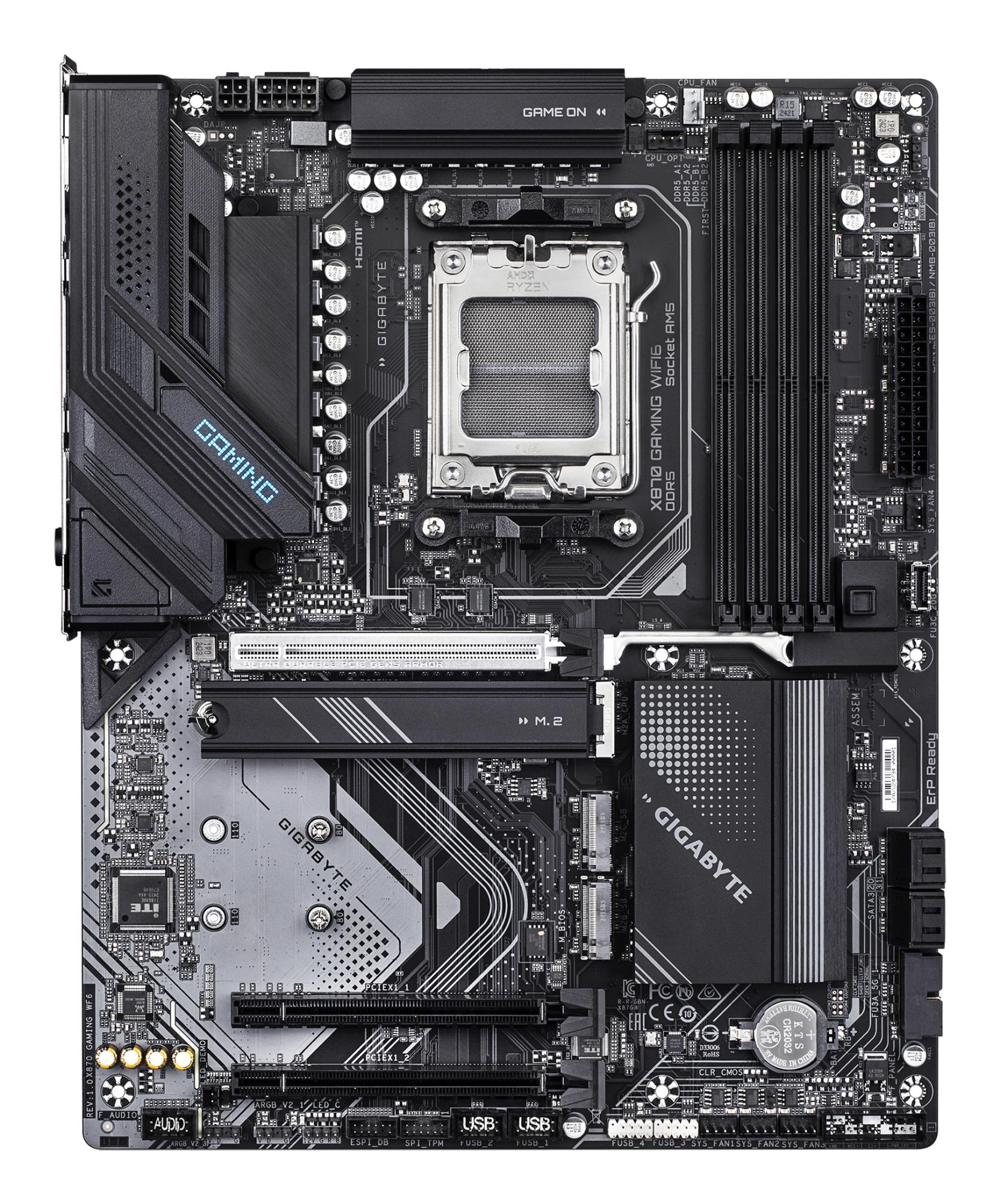 Mainboard GIGABYTE AMD X870 SAM5 ATX Memory DDR5 Memory slots 4 3xPCI-Express 16x 2xM.2 1xHDMI 1xAudio-In 1xAudio-Out 1xMicrophone 4xUSB 3.2 2xUSB-C 1xRJ45 X870GAMINGWF6 - Image 2