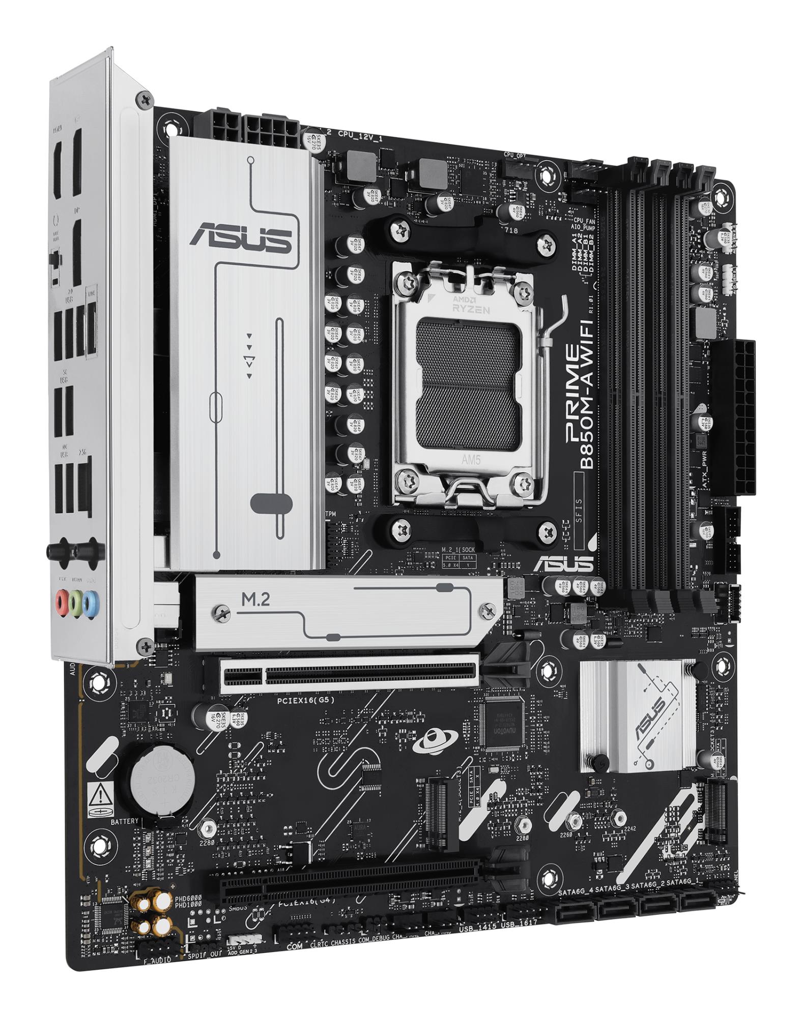 Mainboard ASUS AMD B850 SAM5 Micro-ATX Memory DDR5 Memory slots 4 1xPCI-Express 4.0 16x 1xPCI-Express 5.0 16x 3xM.2 1xHDMI 2xDisplayPort 4xUSB 2.0 4xUSB 3.2 1xRJ45 3xAudio port PRIMEB850M-AWIFI - Image 4