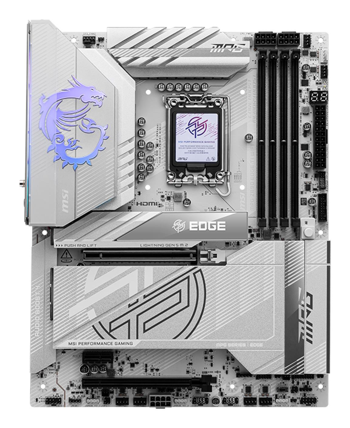 Mainboard MSI Intel Z890 LGA1851 ATX Memory DDR5 Memory slots 4 1xPCI-Express 1x 2xPCI-Express 16x 5xM.2 1xHDMI 1xAudio-In 1xAudio-Out 1xUSB 2.0 4xUSB 3.0 4xUSB 3.1 1xUSB-C 1xOptical S/PDIF 1xRJ45 2xThunderbolt MPGZ890EDGETIWIFI - Image 2