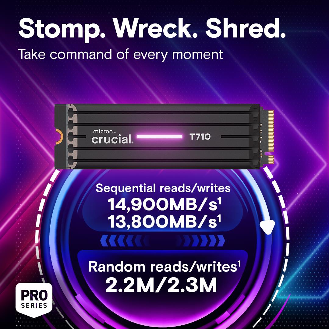 SSD CRUCIAL T710 1TB M.2 PCIe Gen5 NVMe Write speed 13700 MBytes/sec Read speed 14900 MBytes/sec TBW 600 TB CT1000T710SSD5 - Image 2