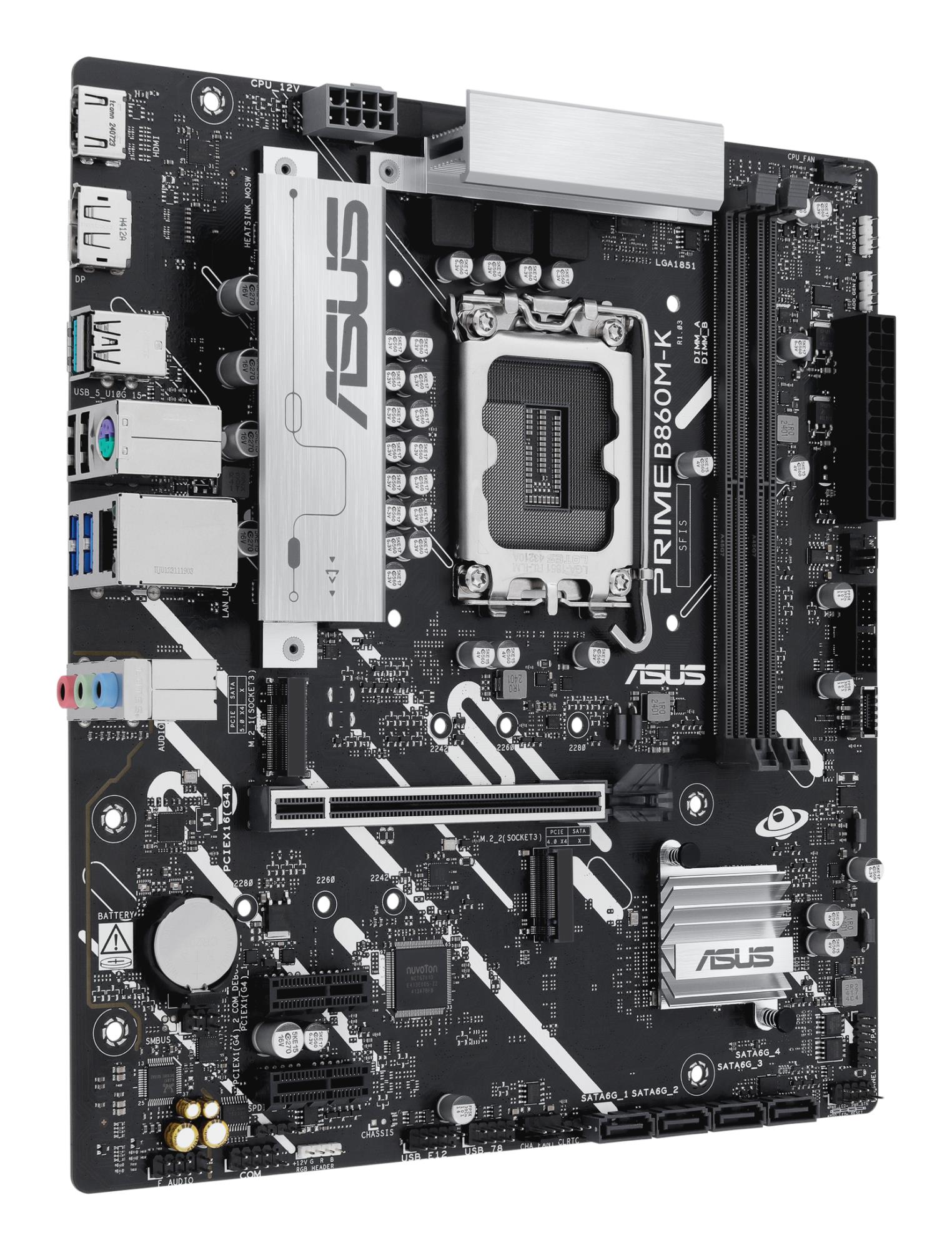 Mainboard ASUS Intel B860 Express LGA1851 Micro-ATX Memory DDR5 Memory slots 2 2xPCI-Express 4.0 1x 1xPCI-Express 4.0 16x 2xM.2 1xHDMI 1xDisplayPort 1xAudio-In 1xAudio-Out 1xMicrophone 3xUSB 2.0 2xUSB 3.0 1xUSB 3.2 1xPS/2 1xRJ45 PRIMEB860M-K - Image 2