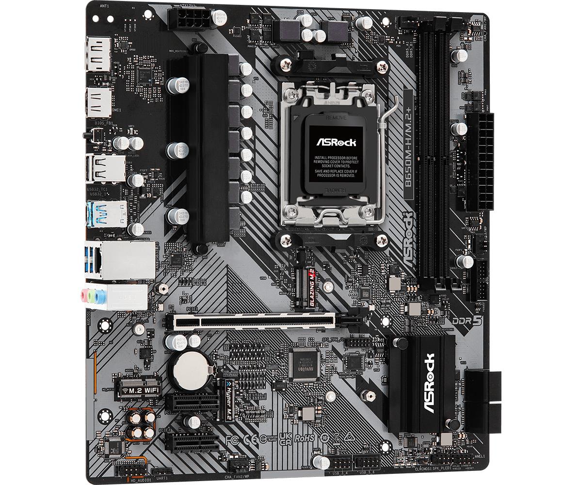 Mainboard ASROCK AMD B650 SAM5 Micro-ATX Memory DDR5 Memory slots 2 1xPCI-E 2xPCI-Express 4.0 1x 1xPCI-Express 4.0 16x 1xM.2 1xHDMI 1xDisplayPort 1xAudio-In 1xAudio-Out 1xMicrophone 2xUSB 2.0 3xUSB 3.2 1xUSB-C 1xRJ45 B650M-H/M.2+ - Image 4