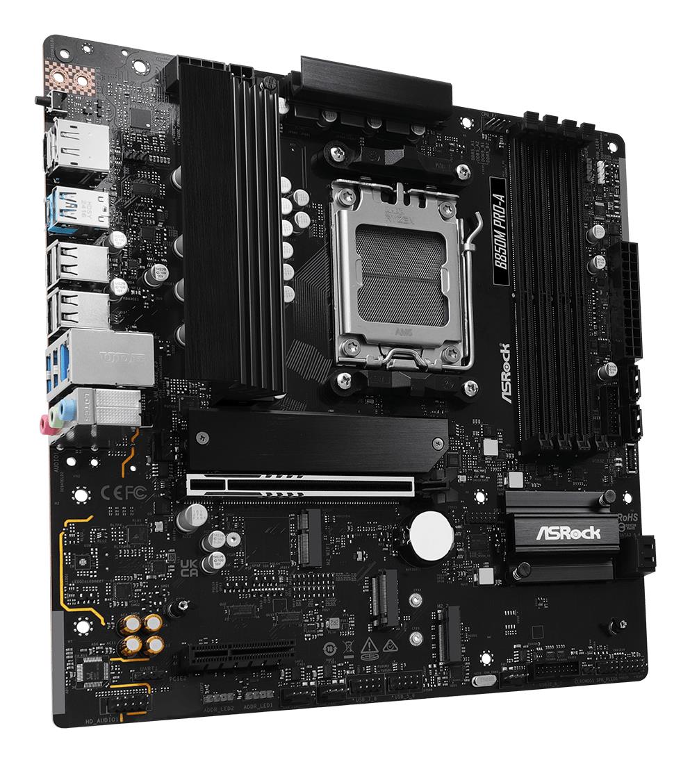 Mainboard ASROCK AMD B850 SAM5 Micro-ATX Memory DDR5 Memory slots 4 1xPCI-Express 4.0 4x 1xPCI-Express 5.0 16x 1xM.2 1xHDMI 1xDisplayPort 1xAudio-In 1xAudio-Out 1xMicrophone 4xUSB 2.0 3xUSB 3.2 1xUSB-C 1xRJ45 B850MPRO-A - Image 4