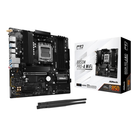 Mainboard ASROCK 1xPCI-Express 4.0 4x	 1xPCI-Express 5.0 16x 1xM.2 1xHDMI 1xDisplayPort 1xAudio-In 1xAudio-Out 1xMicrophone 4xUSB 2.0 3xUSB 3.2 1xUSB-C 1xRJ45 B850MPRO-AWIFI