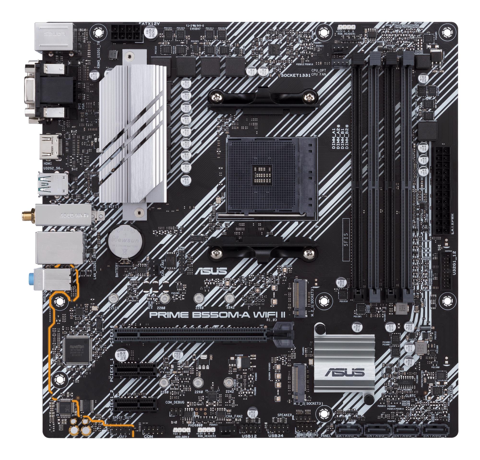 Mainboard ASUS AMD B550 SAM4 MicroATX Memory DDR4 Memory slots 4 2xPCI-Express 3.0 1x 1xPCI-Express 4.0 16x 2xM.2 1x15pin D-sub 1xDVI-D 1xHDMI 2xAudio-In 1xAudio-Out 6xUSB 3.2 1xPS/2 1xRJ45 PRIMEB550M-AWIFIII - Image 2