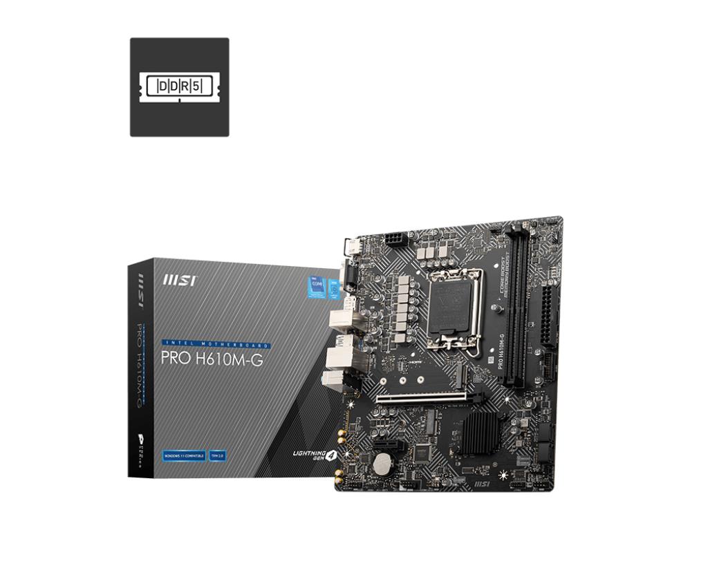 Mainboard MSI PRO H610M-G Intel H610 LGA 1700 micro ATX RAM DDR5-SDRAM 2xSlots 1xPCI Express x1 slots 1xPCI Express x16 slots 1xNumber of M.2 (M) slots PROH610M-G