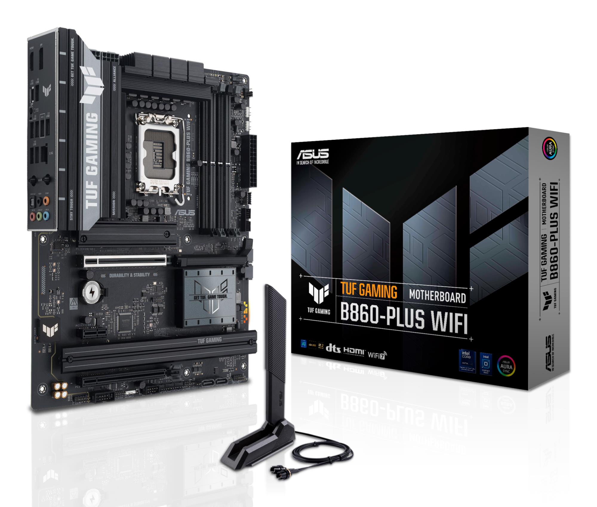 Mainboard ASUS Intel B860 Express LGA1851 ATX Memory DDR5 Memory slots 4 1xPCI-Express 4.0 1x 1xPCI-Express 4.0 16x 1xPCI-Express 5.0 16x 3xM.2 1xHDMI 1xDisplayPort 2xUSB 2.0 3xUSB 3.0 2xUSB 3.2 1xUSB-C 1xOptical S/PDIF 1xRJ45 5xAudio port TUFGAMINGB860-PLUSWIFI