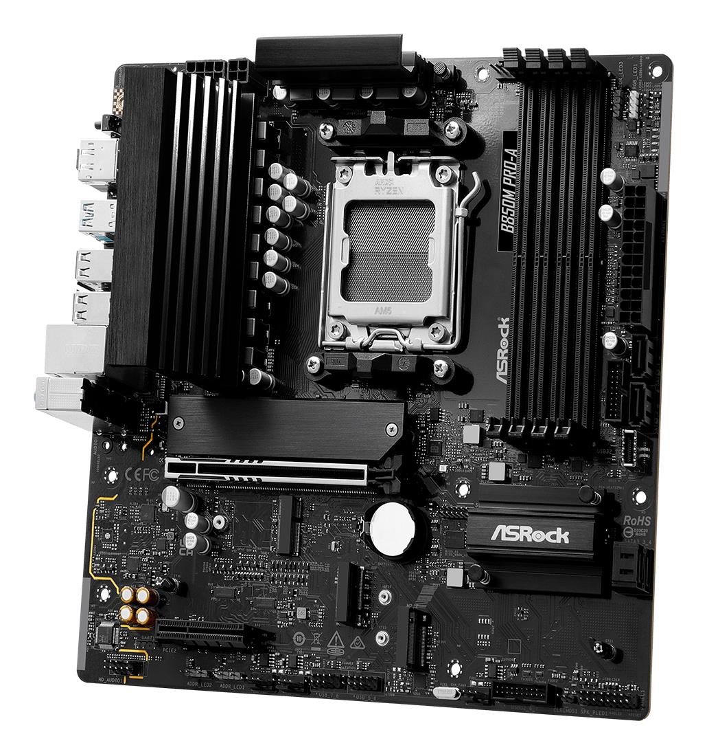 Mainboard ASROCK AMD B850 SAM5 Micro-ATX Memory DDR5 Memory slots 4 1xPCI-Express 4.0 4x 1xPCI-Express 5.0 16x 1xM.2 1xHDMI 1xDisplayPort 1xAudio-In 1xAudio-Out 1xMicrophone 4xUSB 2.0 3xUSB 3.2 1xUSB-C 1xRJ45 B850MPRO-A - Image 5