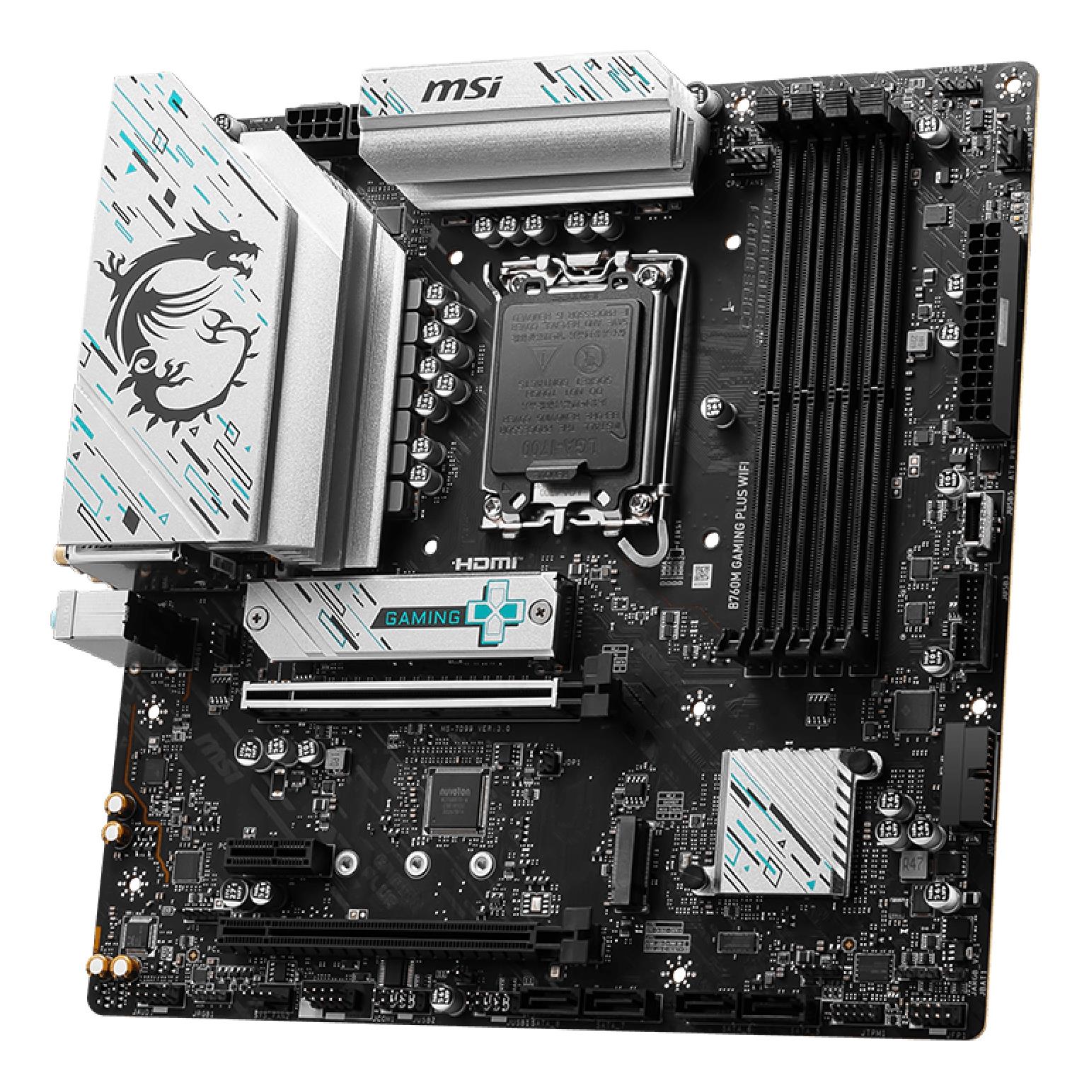 Mainboard MSI Intel B760 Express LGA1700 Micro-ATX Memory DDR5 Memory slots 4 1xPCI-Express 3.0 1x 1xPCI-Express 4.0 4x 1xPCI-Express 4.0 16x 2xM.2 2xHDMI 2xDisplayPort 2xUSB 2.0 4xUSB 3.2 1xPS/2 1xRJ45 3xAudio port B760MGAMINGPLUSWIFI - Image 3