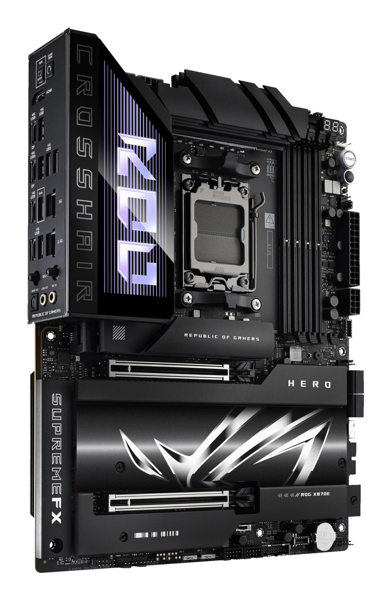 Mainboard ASUS AMD X870E SAM5 ATX Memory DDR5 Memory slots 4 2xPCI-Express 4.0 16x 2xPCI-Express 5.0 16x 4xM.2 1xHDMI 1xAudio-In 1xAudio-Out 6xUSB 3.2 2xUSB-C 2xUSB4 1xOptical S/PDIF 1xRJ45 ROGCROSSHAIRX870EHERO - Image 3