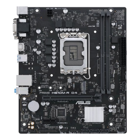 Mainboard ASUS Intel H610 LGA1700 Micro-ATX Memory DDR4 Memory slots 2 1xPCI-Express 1x 1xPCI-Express 16x 1xM.2 1x15pin D-sub 2xDVI-D 1xHDMI 2xUSB 2.0 2xUSB 3.2 2xPS/2 1xRJ45 3xAudio port PRIMEH610M-RD4-SI