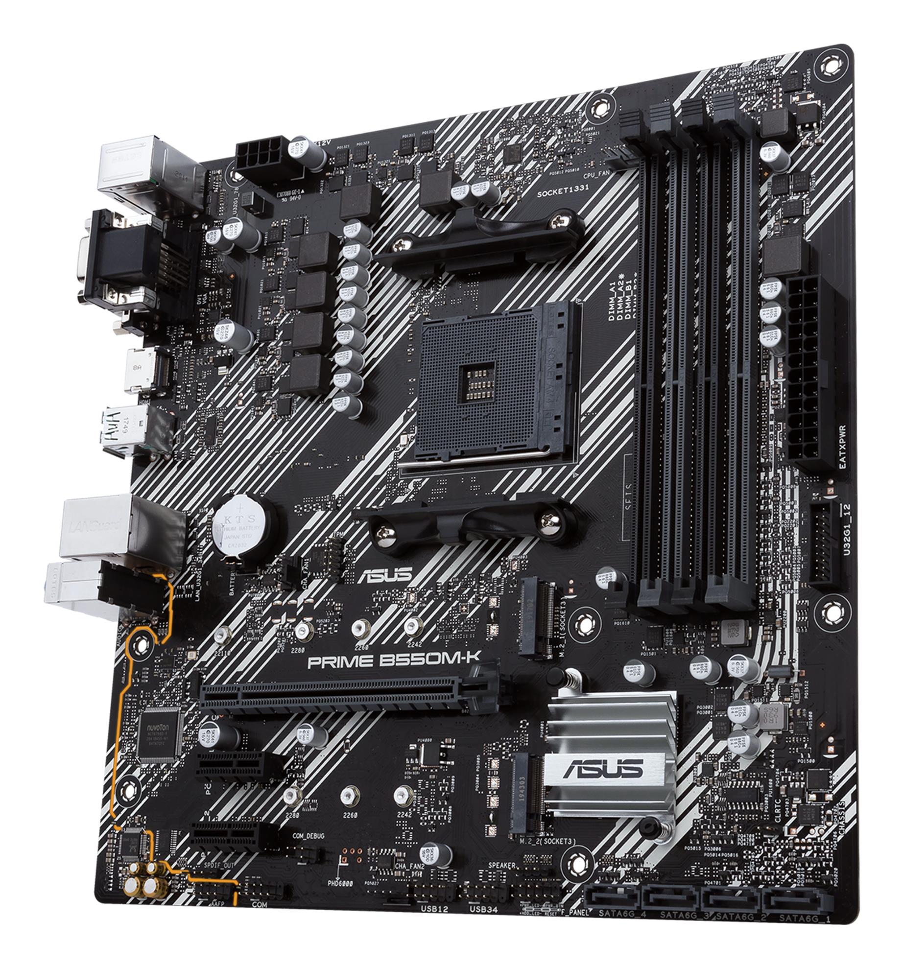 Mainboard ASUS AMD B550 SAM4 MicroATX 2xPCI-Express 3.0 1x 2xM.2 1xPCI-Express 4.0 16x Memory DDR4 Memory slots 4 1x15pin D-sub 1xDVI 1xHDMI 6xUSB 3.2 1xPS/2 1xRJ45 3xAudio port PRIMEB550M-K - Image 4