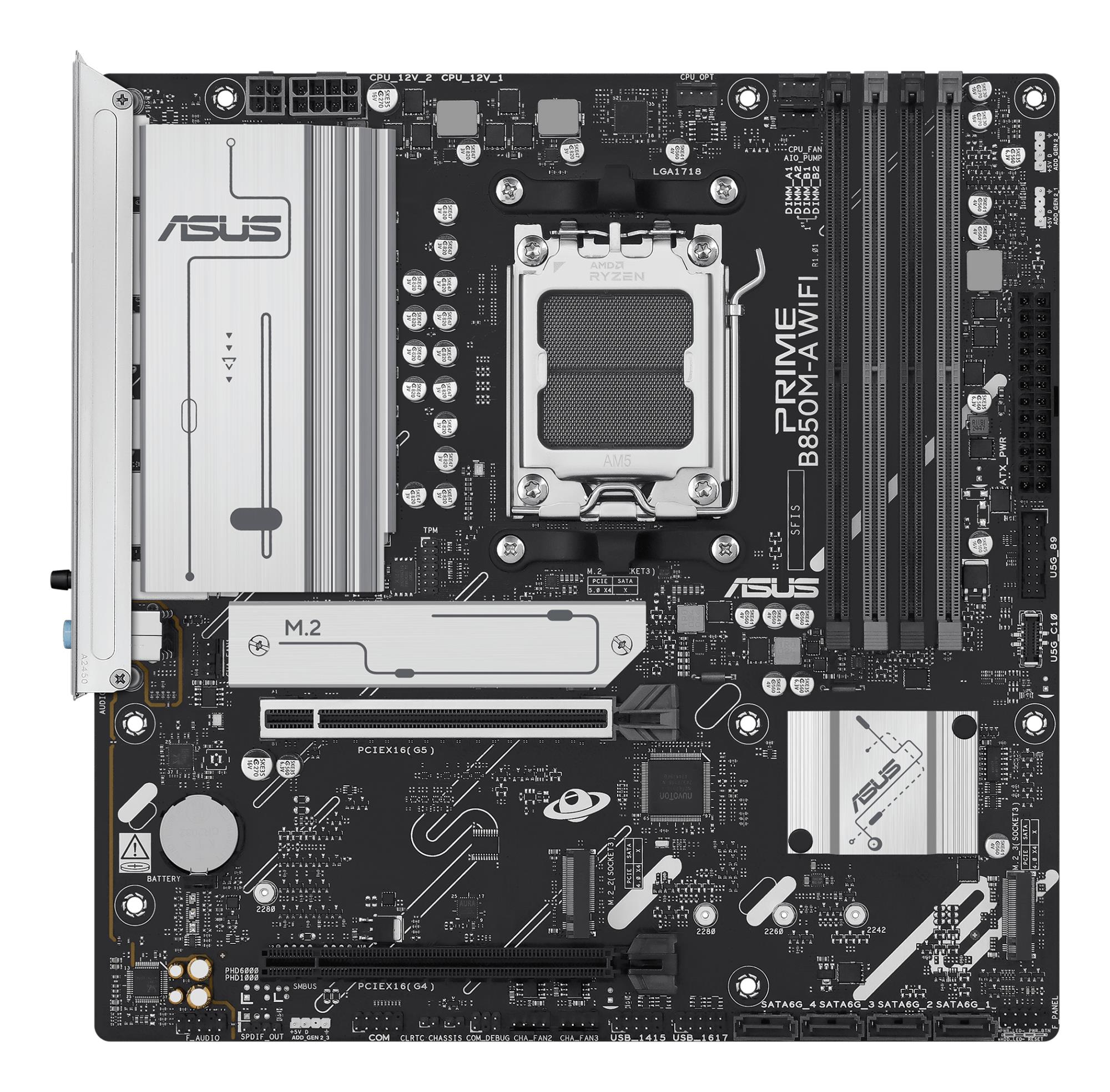 Mainboard ASUS AMD B850 SAM5 Micro-ATX Memory DDR5 Memory slots 4 1xPCI-Express 4.0 16x 1xPCI-Express 5.0 16x 3xM.2 1xHDMI 2xDisplayPort 4xUSB 2.0 4xUSB 3.2 1xRJ45 3xAudio port PRIMEB850M-AWIFI - Image 3