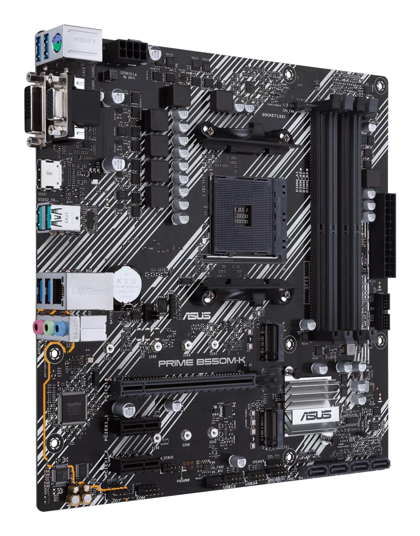 Mainboard ASUS AMD B550 SAM4 MicroATX 2xPCI-Express 3.0 1x 2xM.2 1xPCI-Express 4.0 16x Memory DDR4 Memory slots 4 1x15pin D-sub 1xDVI 1xHDMI 6xUSB 3.2 1xPS/2 1xRJ45 3xAudio port PRIMEB550M-K - Image 2