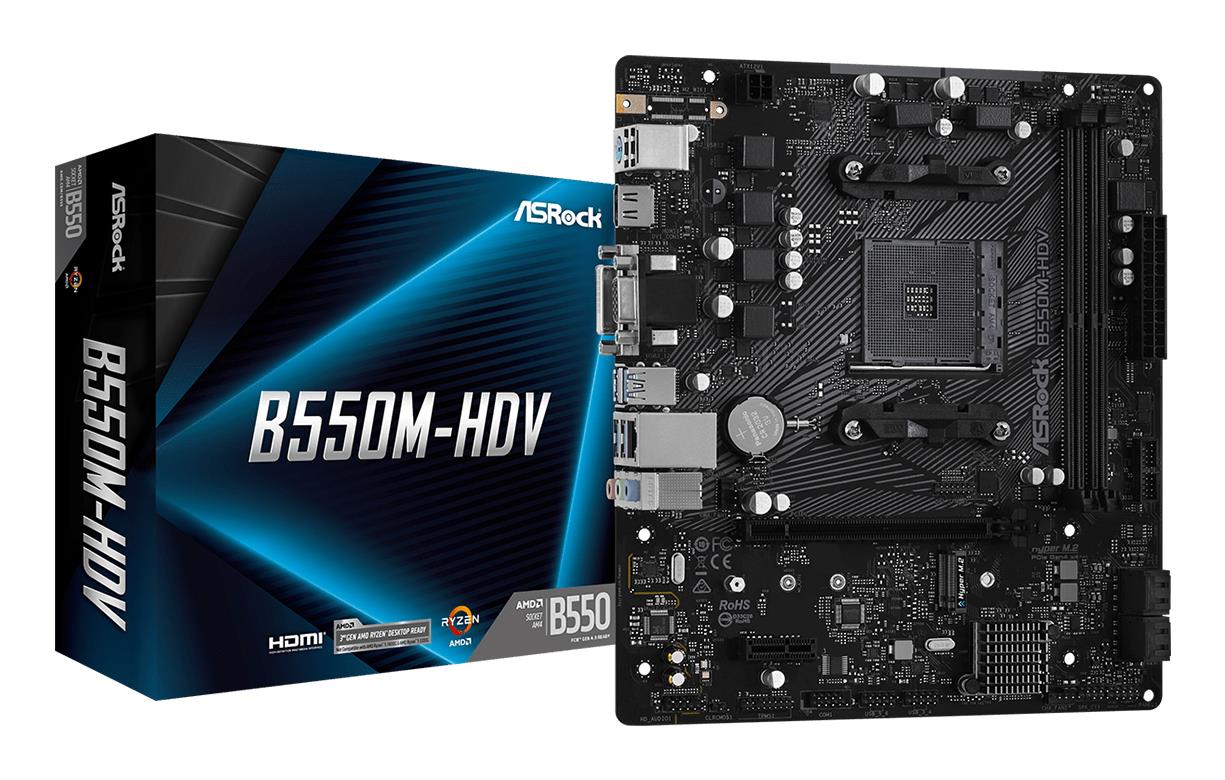 Mainboard ASROCK AMD B550 SAM4 MicroATX 1xPCI-Express 3.0 1x 1xM.2 1xPCI-Express 4.0 16x Memory DDR4 Memory slots 2 1x15pin D-sub 1xDVI 1xHDMI 2xUSB 2.0 4xUSB 3.2 1xPS/2 1xRJ45 3xAudio port B550M-HDV